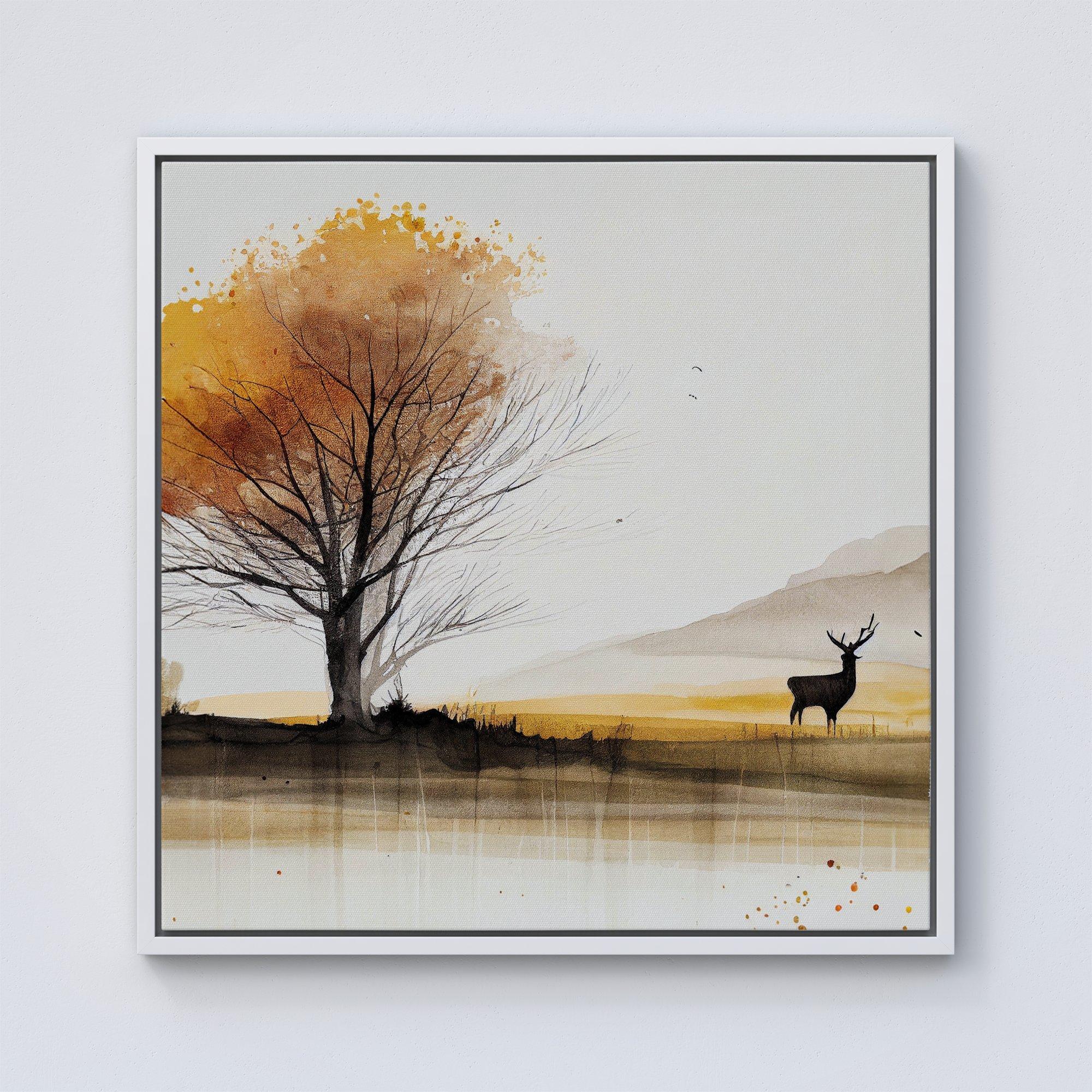 Autumn Landscape Stag Watercolour Framed Canvas